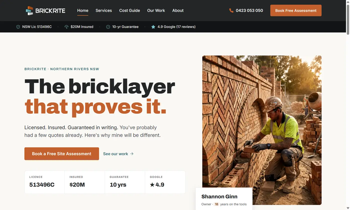 Screenshot of the Brickrite homepage, with the full header, hero headline, assessment CTA, and bricklayer image visible.