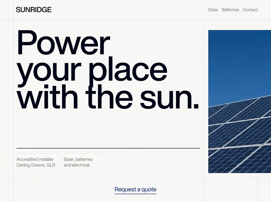 Sample site for a solar and electrical company: a precise typographic layout with an oversized headline beside a graphic photograph of solar panels.